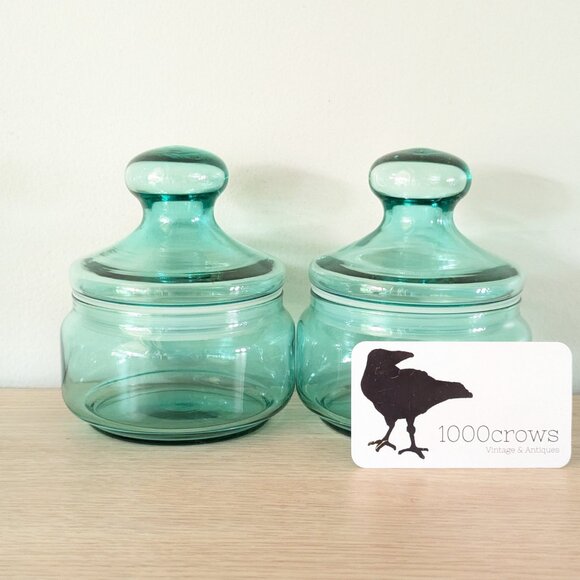 Vintage 2 LUMINARC aqua blue glass storage jars, Coastal FRENCH apothecary jars - Picture 1 of 6